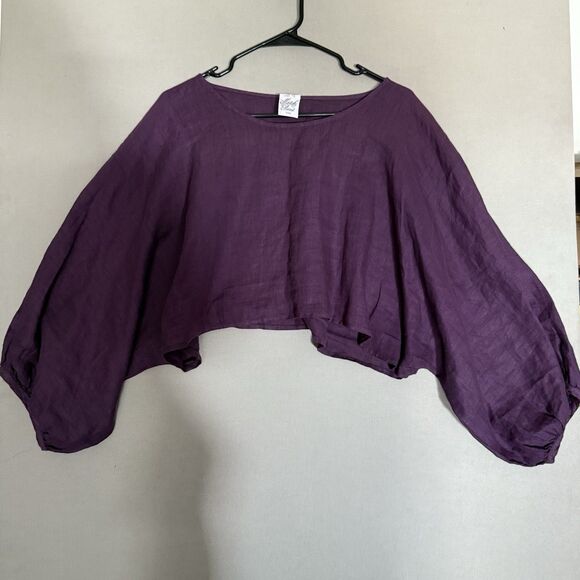 Match Point Linen Shirt Blouse Bolero Large Purple Fig Elastic Wristband Flax - Picture 1 of 8